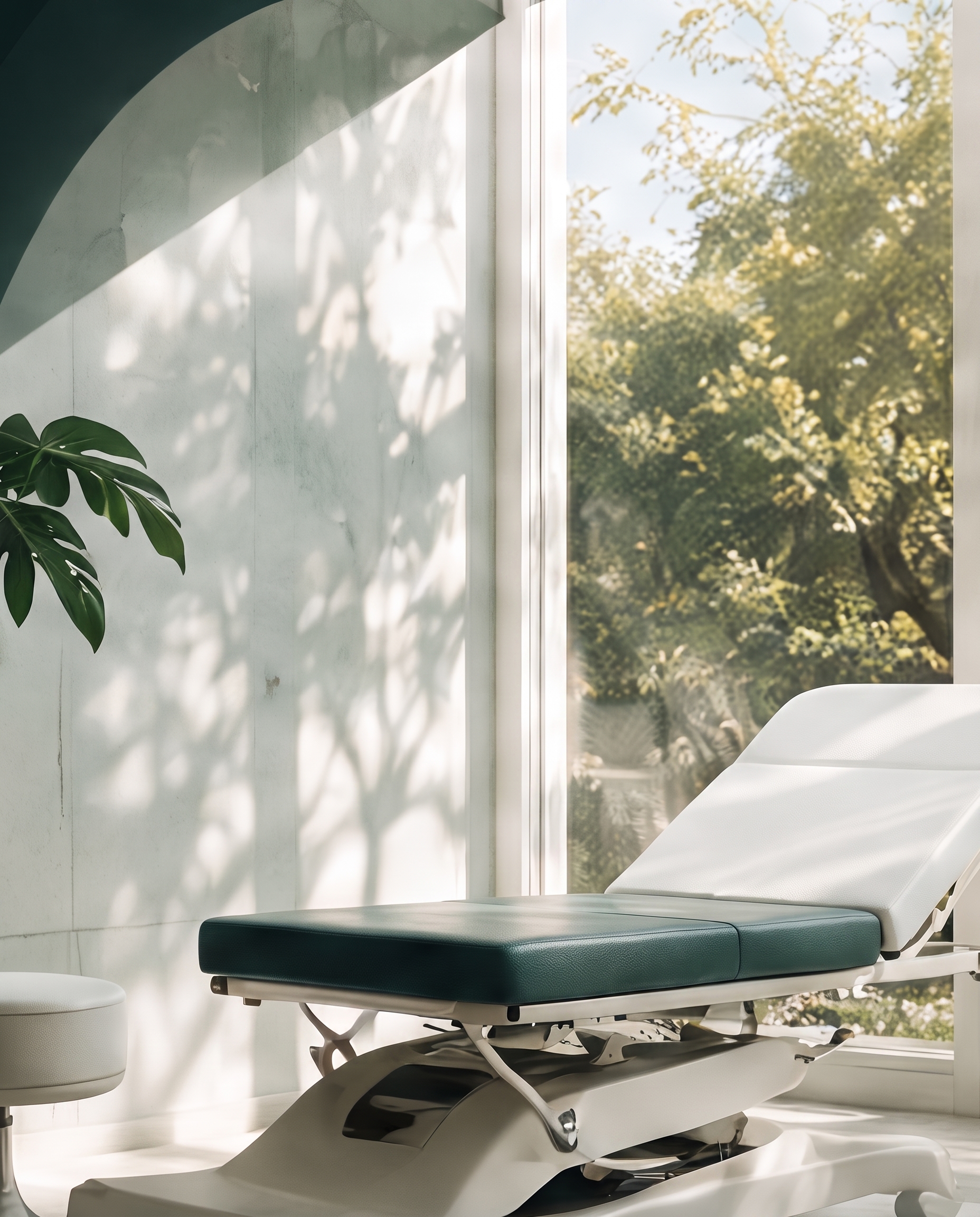 A bright treatment room with a teal plinth in afternoon light
