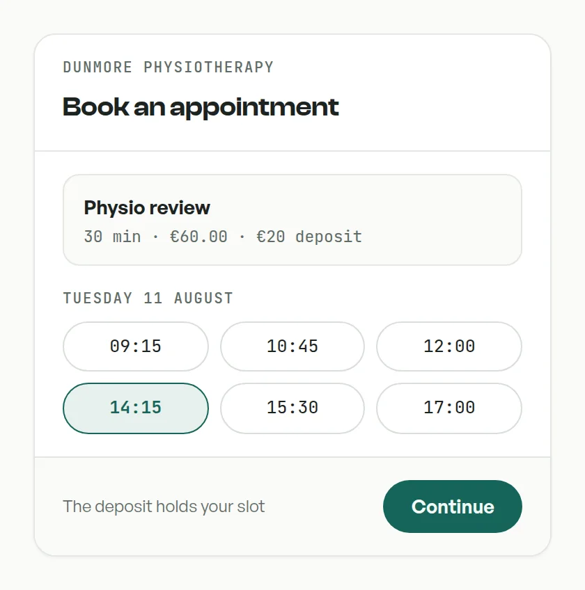 The patient booking page: a physio review at 14:15 selected from six times, with the deposit noted before Continue.