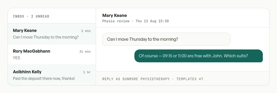 The shared inbox: three patient threads on the left, a reply being written as the clinic on the right.
