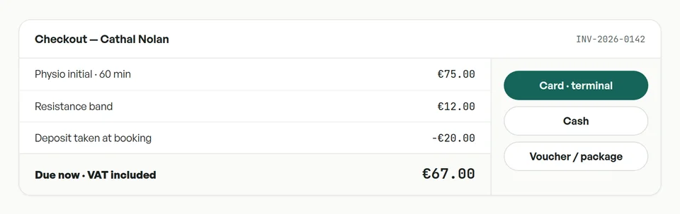 Checkout: the visit and a product on one invoice, the booking deposit applied, sixty-seven euro due.