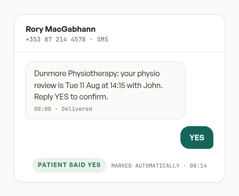 A reminder text answered YES, and the appointment marked patient-said-yes automatically.
